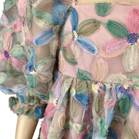 Storia Womens Dress Size Small Stacy Sequins Floral Puff Sleeve Babydoll - Picture 5 of 11